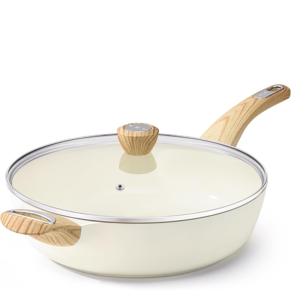 Elegant Cream Non-Stick Frying Pan with Wooden Handle. Carote Brand new in box.